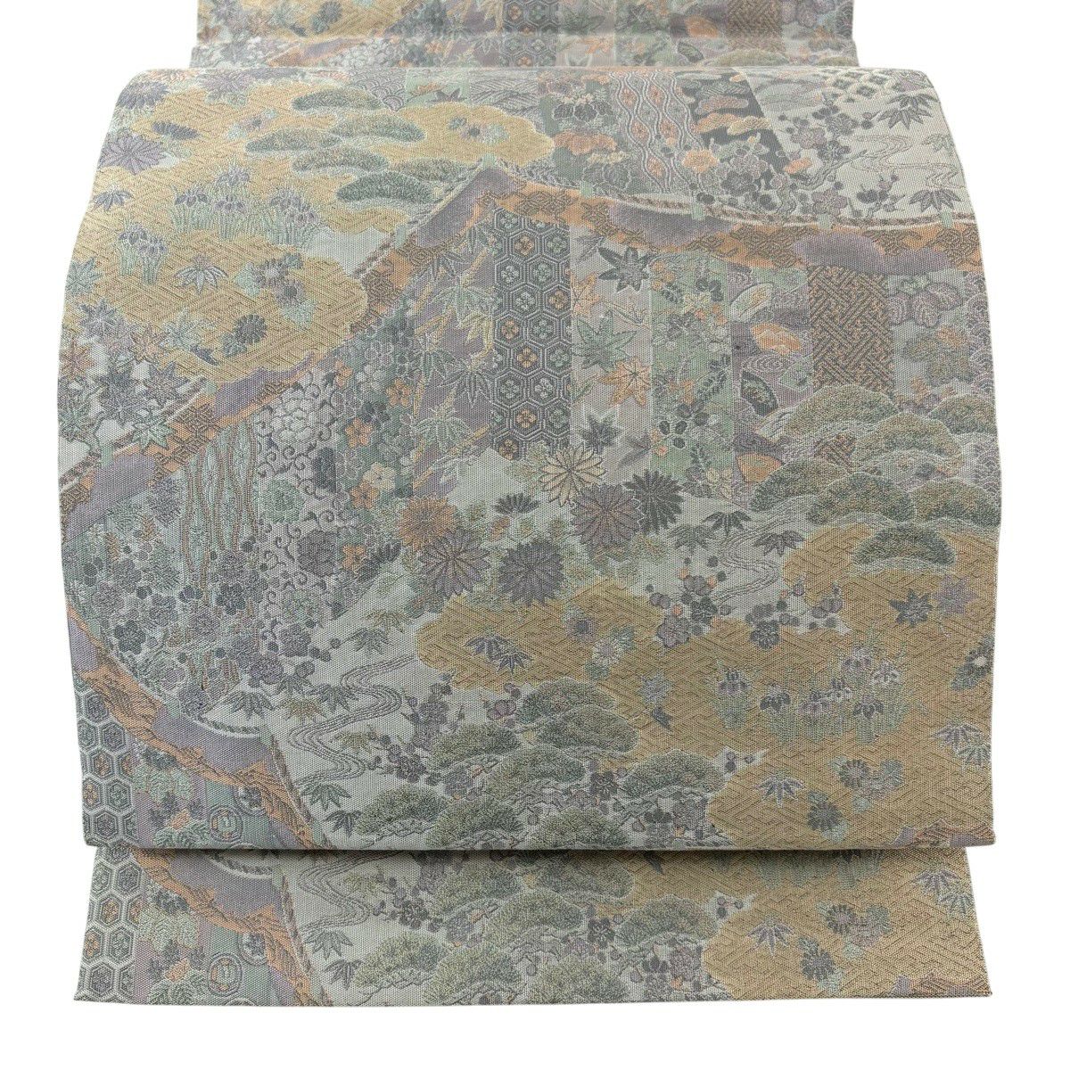 【美品】 袋帶 秀品級 落款あり 萬葉 松樹竹子梅花 万幕 灰紫 全通 純蠶絲