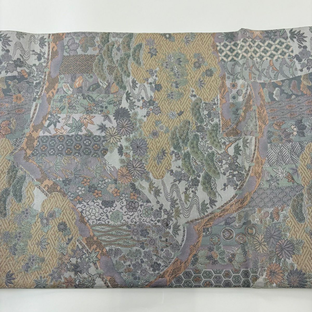 【美品】 袋帶 秀品級 落款あり 萬葉 松樹竹子梅花 万幕 灰紫 全通 純蠶絲