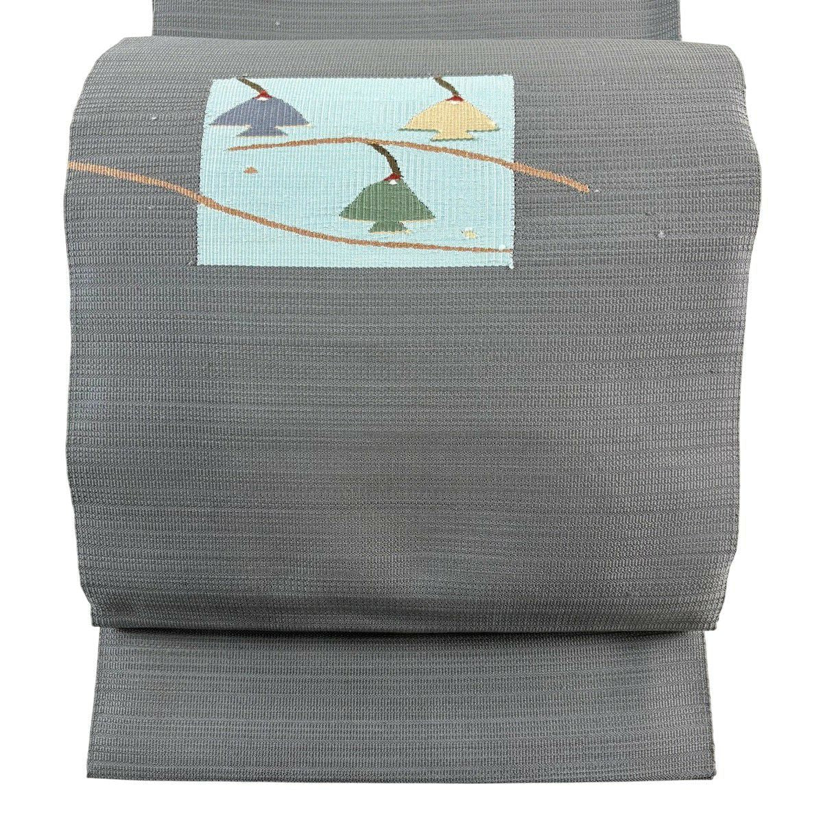 【美品】 名古屋帶 秀品級 八寸名古屋帶 枝花 金金箔 灰色 純蠶絲