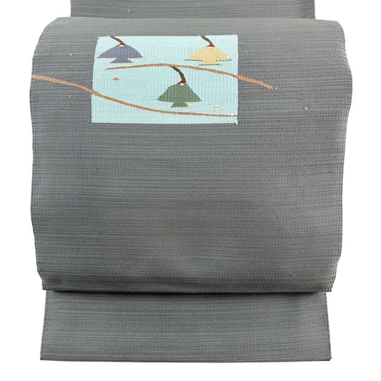 【美品】 名古屋帶 秀品級 八寸名古屋帶 枝花 金金箔 灰色 純蠶絲