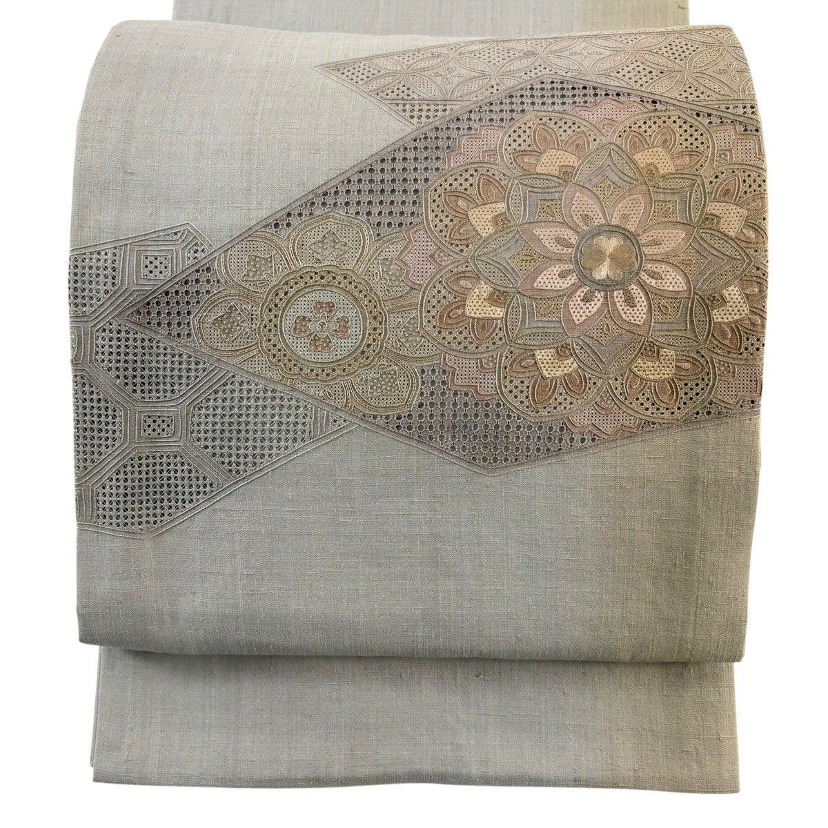 【美品】 袋帶 秀品級 紬織織 華紋 七寶刺繡 漸層 灰茶 大鼓圖案 純蠶絲