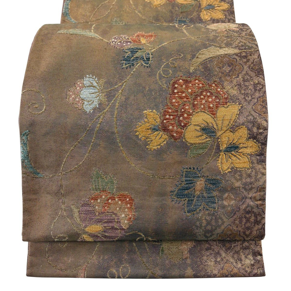 【美品】 袋帶 秀品級 關西仕立 花唐草紋 金銀彩 金金箔 茶 六通 純蠶絲