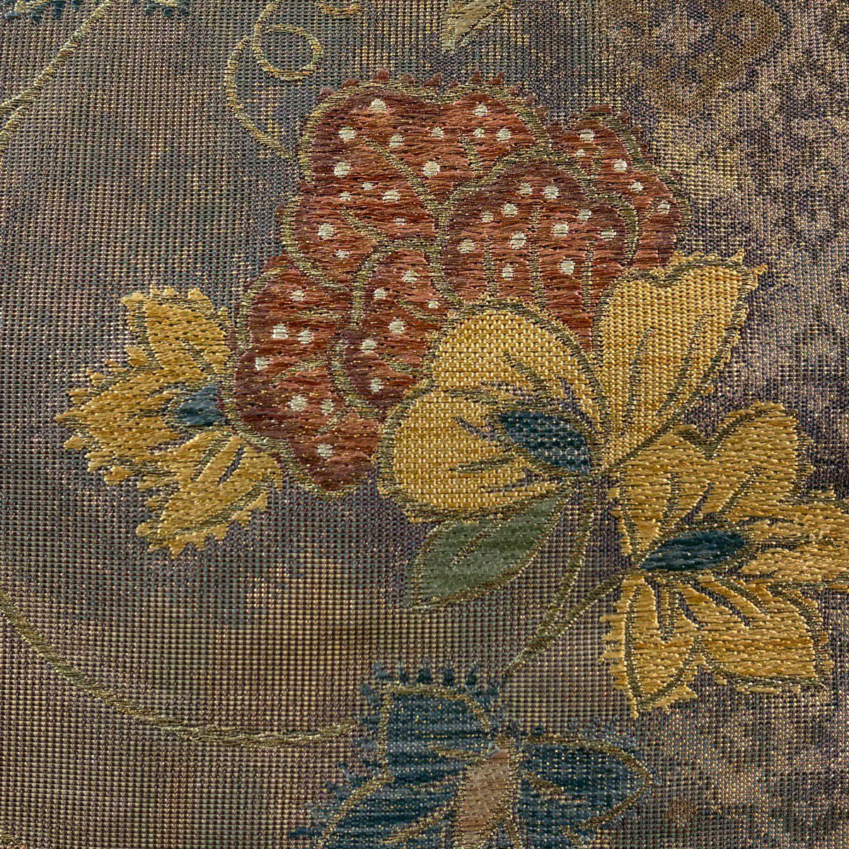 【美品】 袋帶 秀品級 關西仕立 花唐草紋 金銀彩 金金箔 茶 六通 純蠶絲