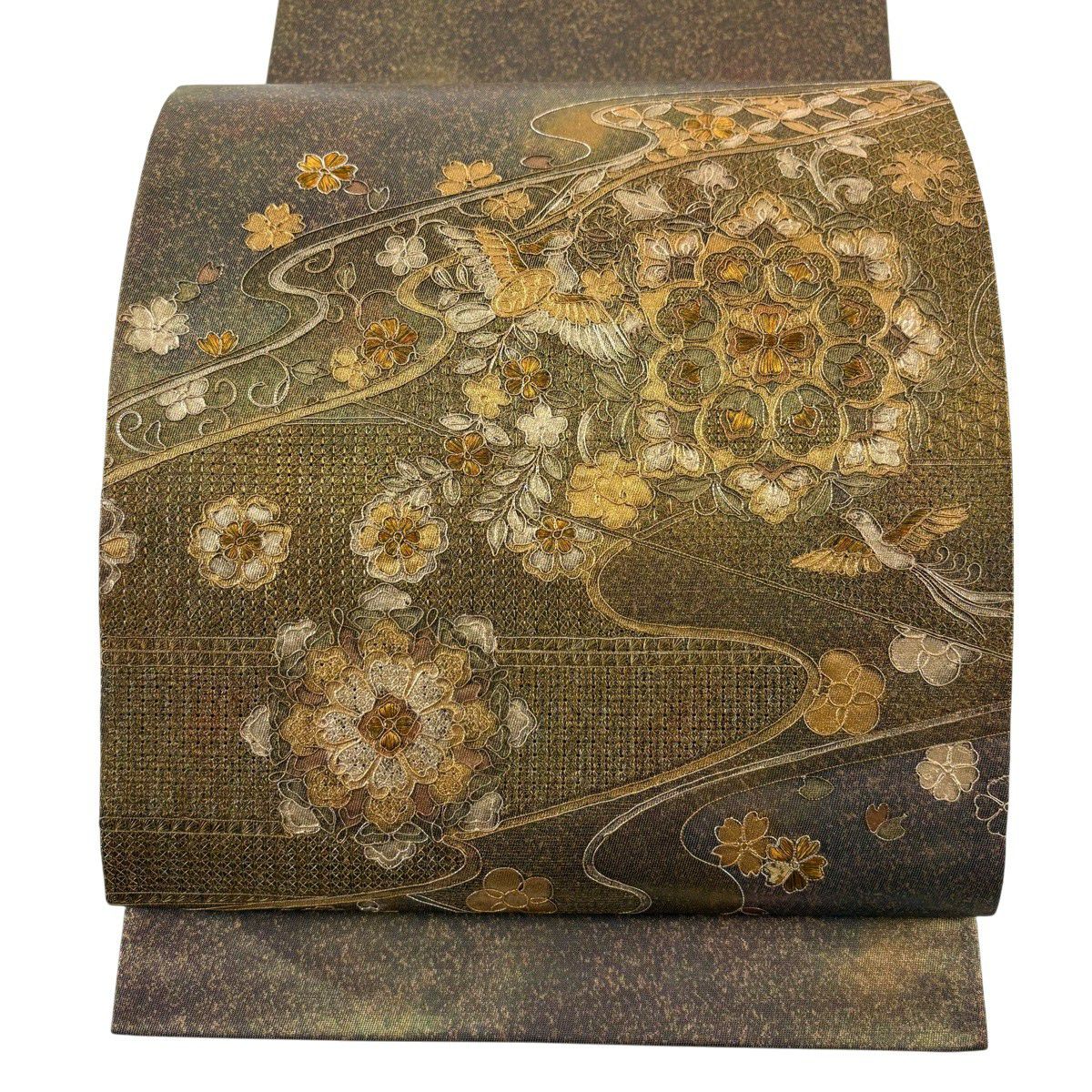 袋帶 秀品級 華紋 鳥 金銀彩 金絲 金茶 お太鼓圖案 純蠶絲