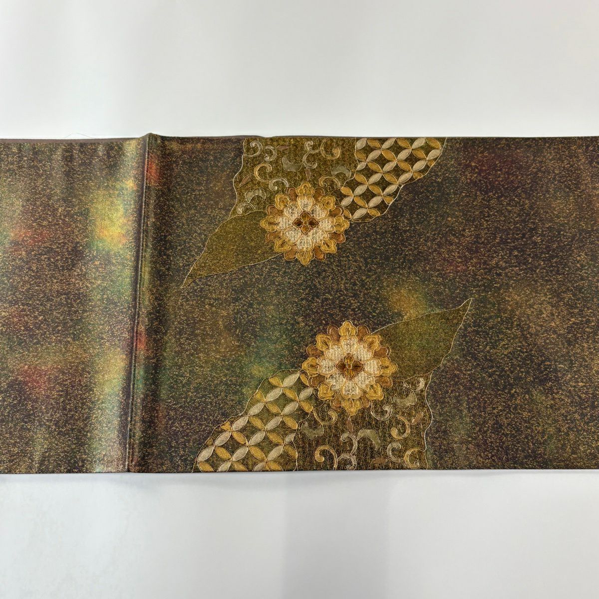袋帶 秀品級 華紋 鳥 金銀彩 金絲 金茶 お太鼓圖案 純蠶絲