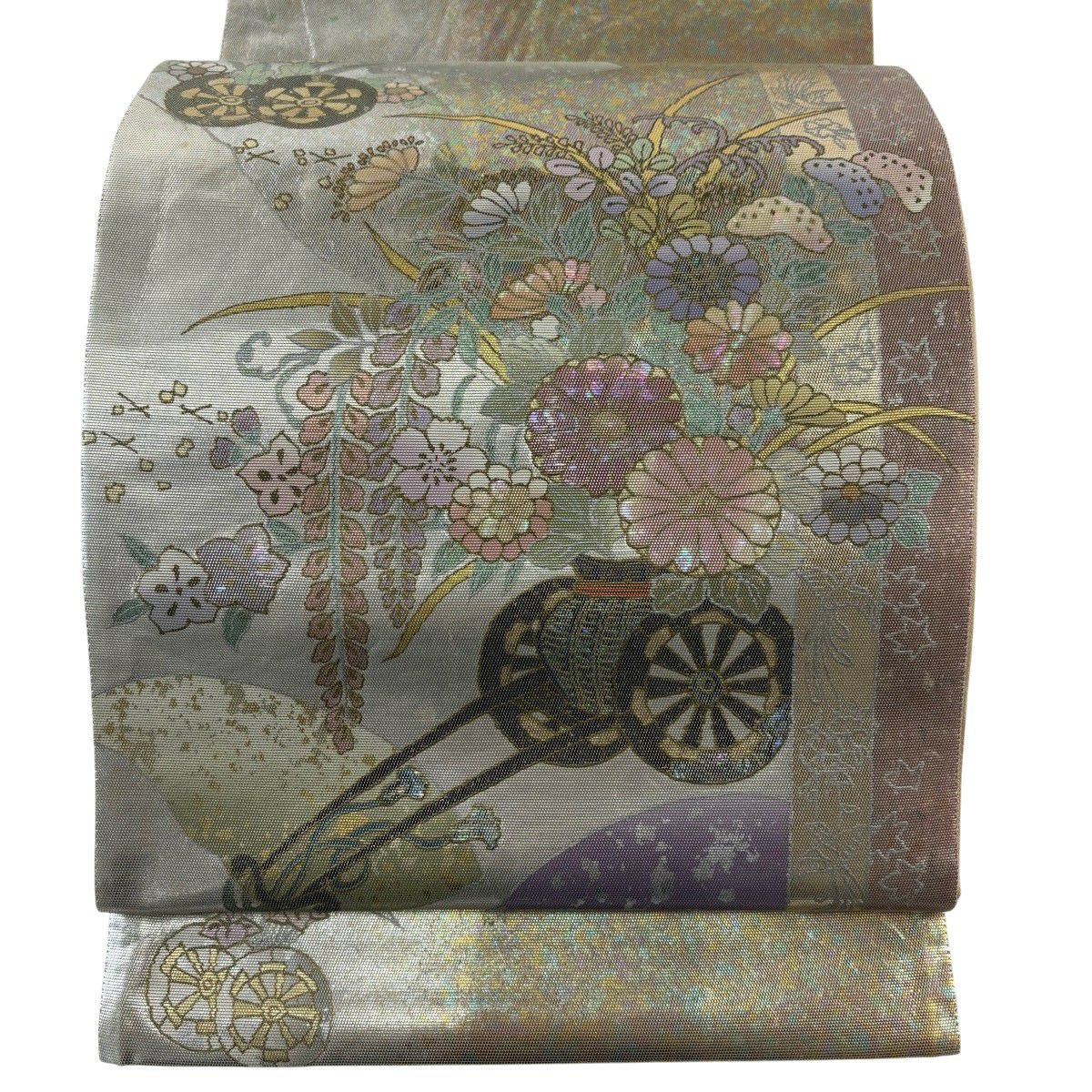 袋帶 秀品級 附落款 花車 扇子面 金金箔 金色 大鼓圖案 純蠶絲