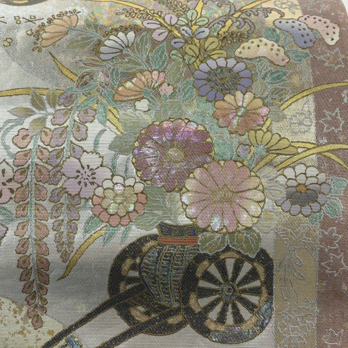 袋帶 秀品級 附落款 花車 扇子面 金金箔 金色 大鼓圖案 純蠶絲