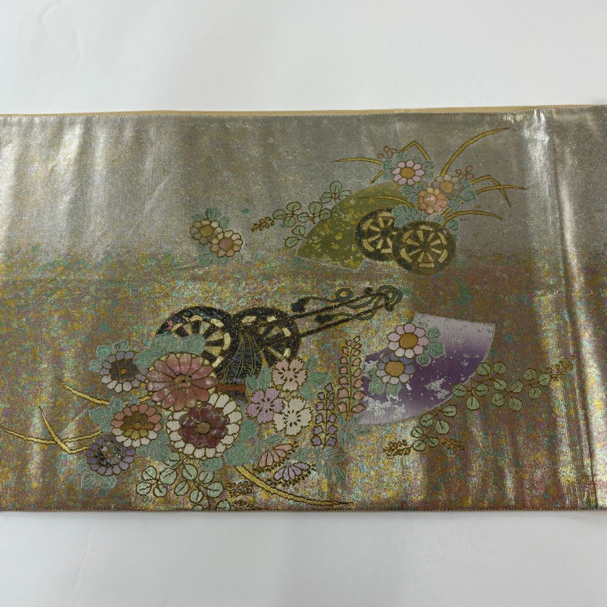 袋帶 秀品級 附落款 花車 扇子面 金金箔 金色 大鼓圖案 純蠶絲