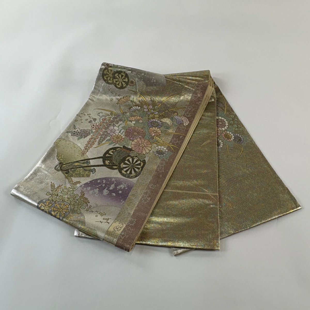 袋帶 秀品級 附落款 花車 扇子面 金金箔 金色 大鼓圖案 純蠶絲