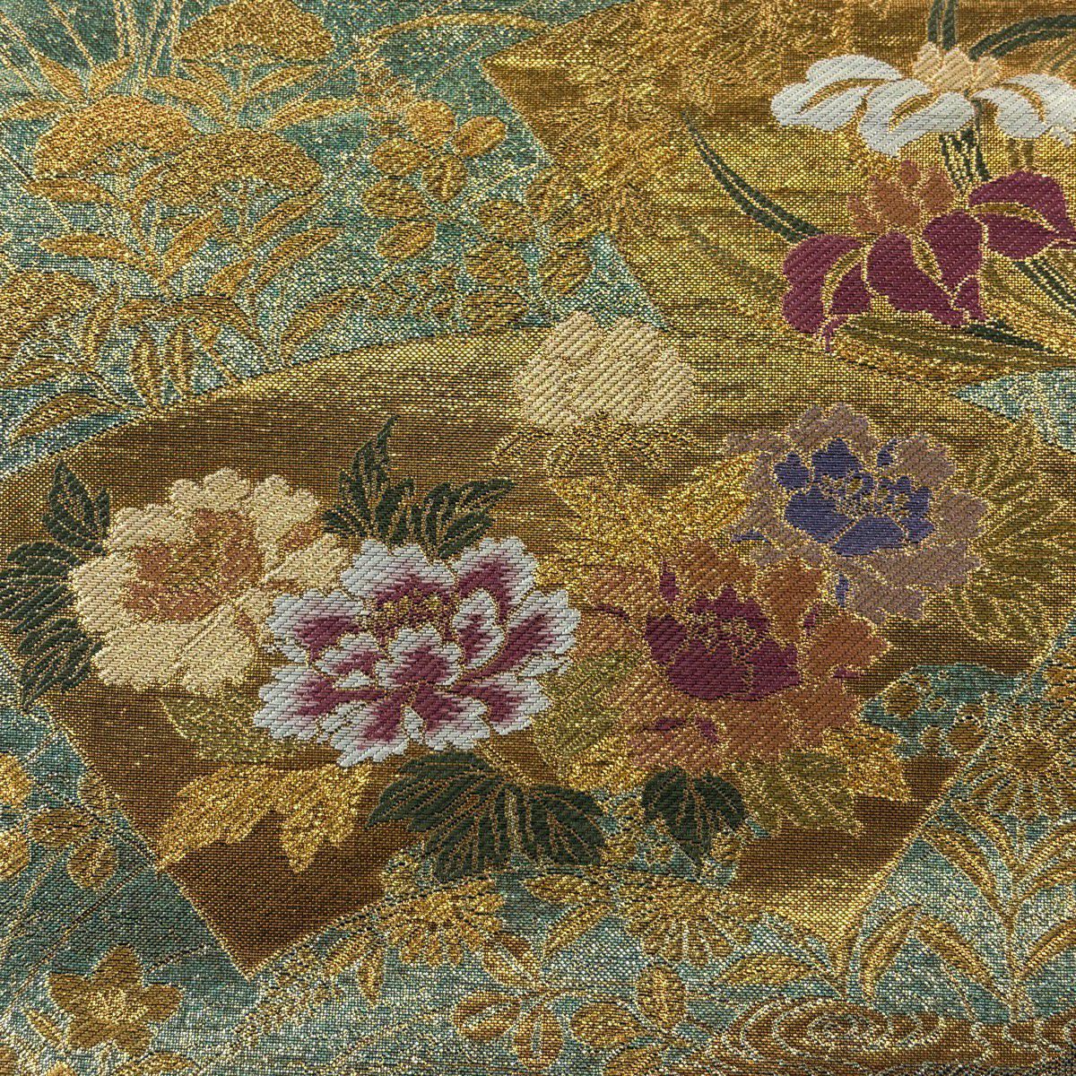 袋帶 秀品級 扇子面 草花紋 金糸 金金箔 綠 六通 純蠶絲