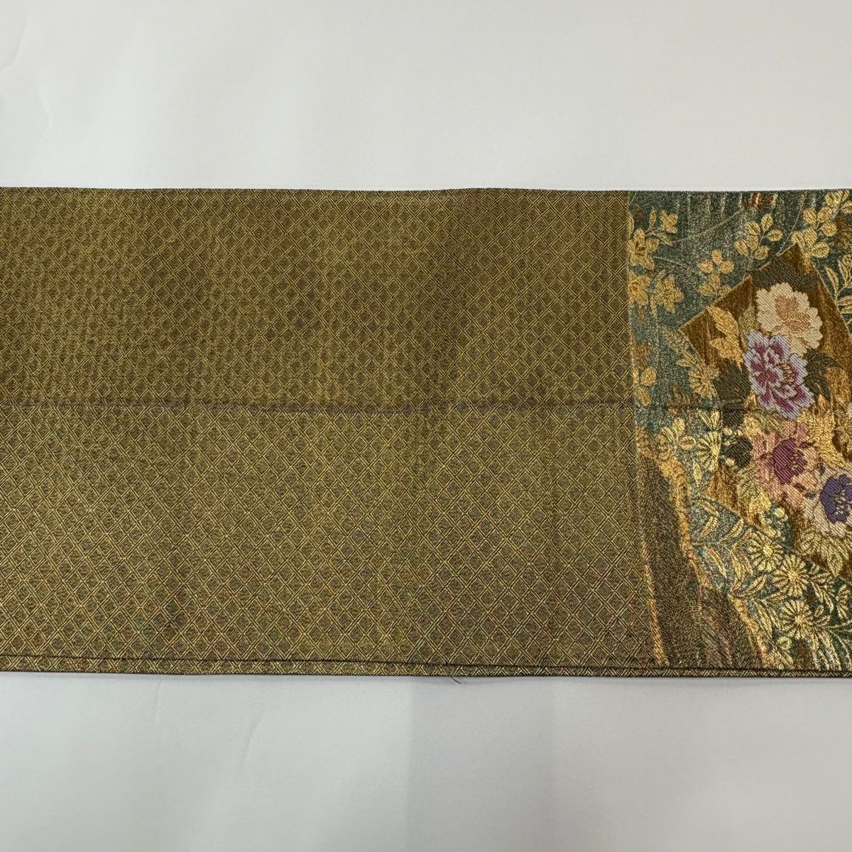 袋帶 秀品級 扇子面 草花紋 金糸 金金箔 綠 六通 純蠶絲