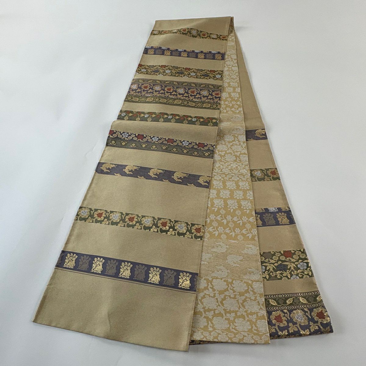 袋帶 秀品級 笹蔓 草花紋紋 金金箔 薄茶 深藍 六通 純蠶絲