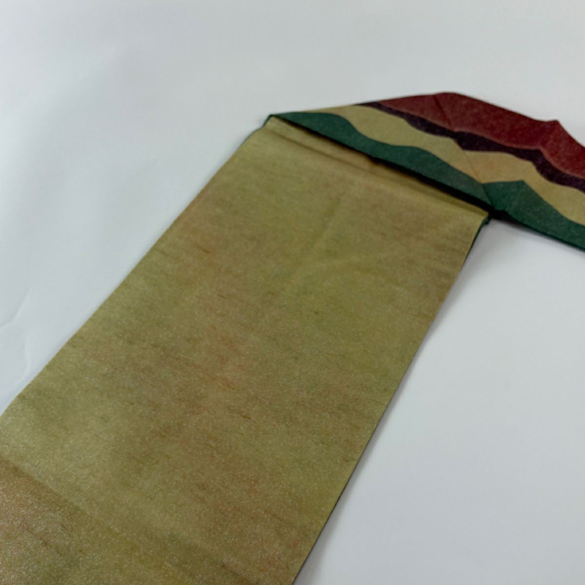 【美品】名古屋帶 秀品級 紬織織 雜色條紋 幾何學 紅茶 純蠶絲