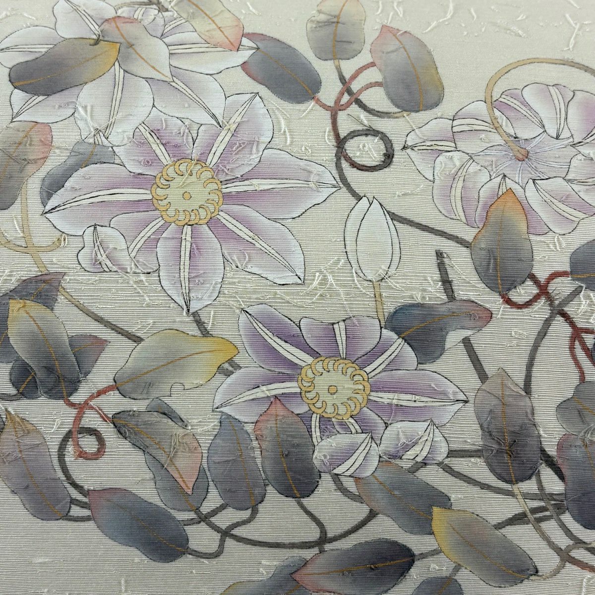 名古屋帶 秀品級 附落款 髭紬織地 草花紋圖案 奶油色 大鼓圖案 純蠶絲