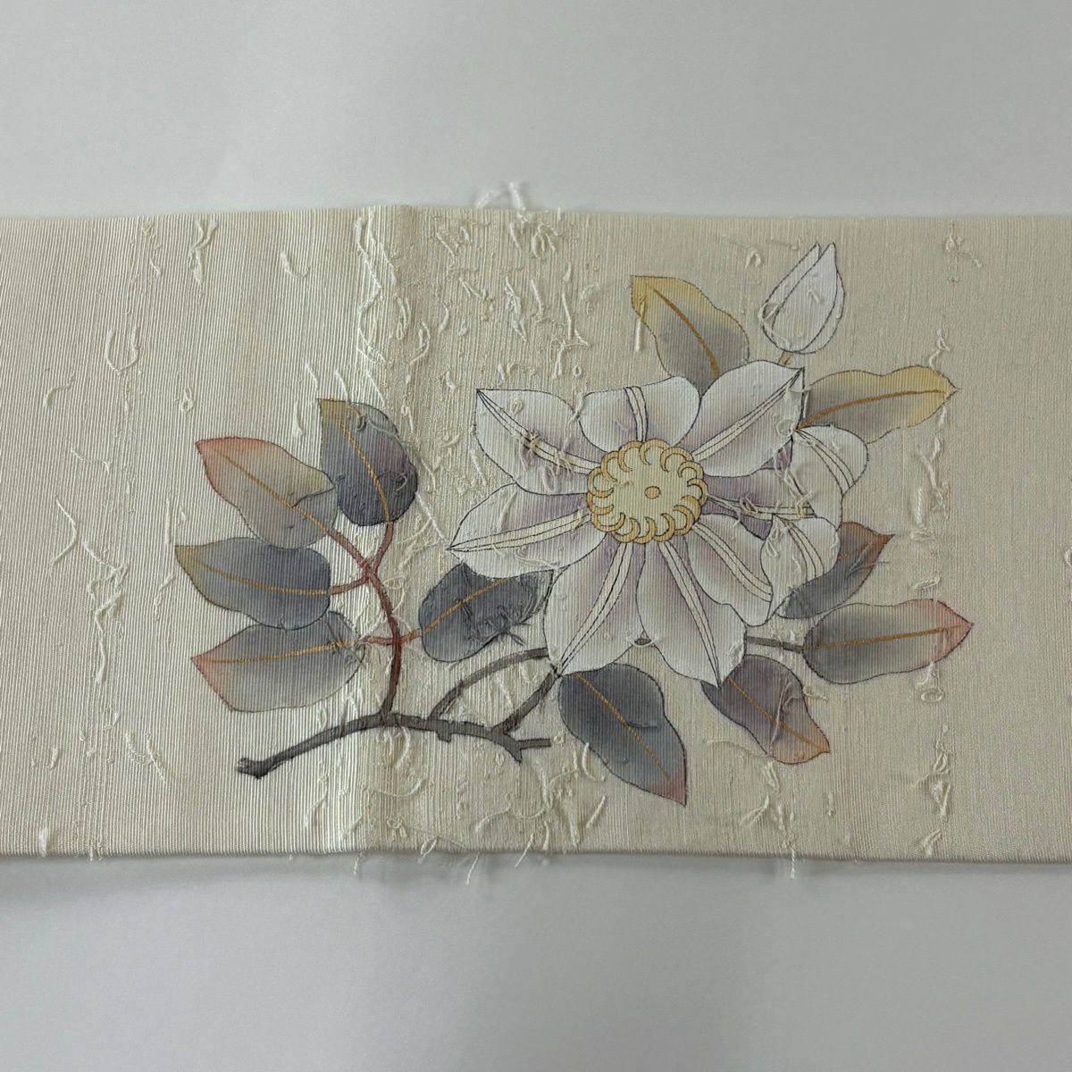 名古屋帶 秀品級 附落款 髭紬織地 草花紋圖案 奶油色 大鼓圖案 純蠶絲
