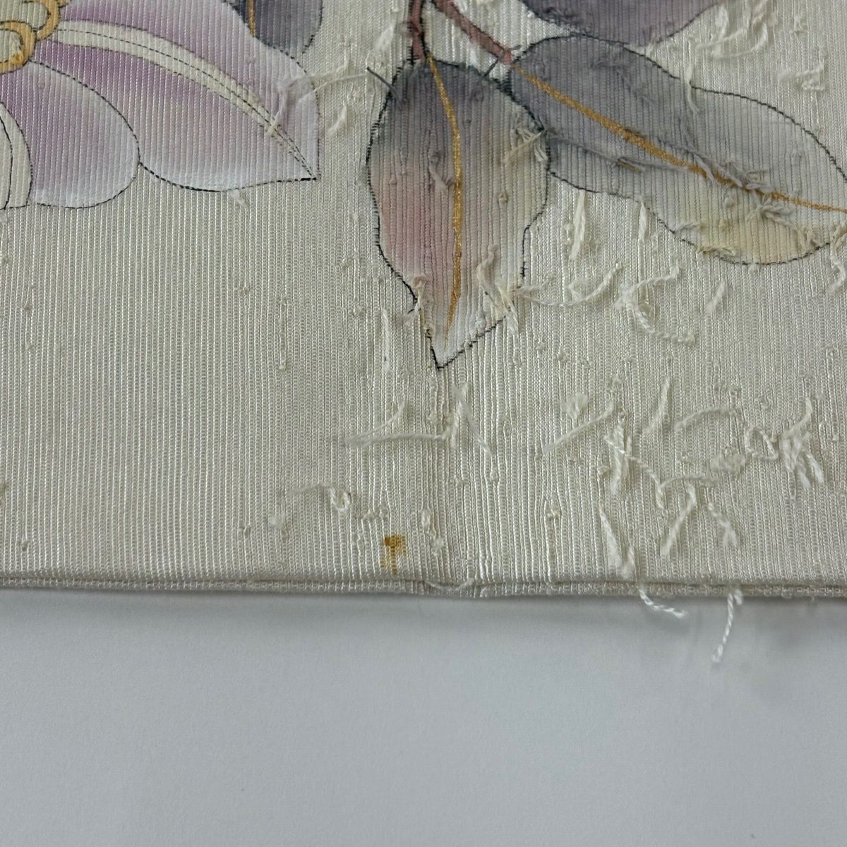 名古屋帶 秀品級 附落款 髭紬織地 草花紋圖案 奶油色 大鼓圖案 純蠶絲