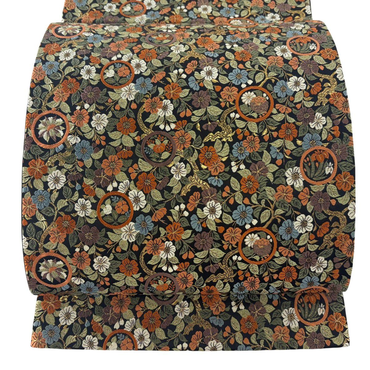 【美品】 袋帶 秀品級 草花紋紋 金金箔 黑 六通 純蠶絲