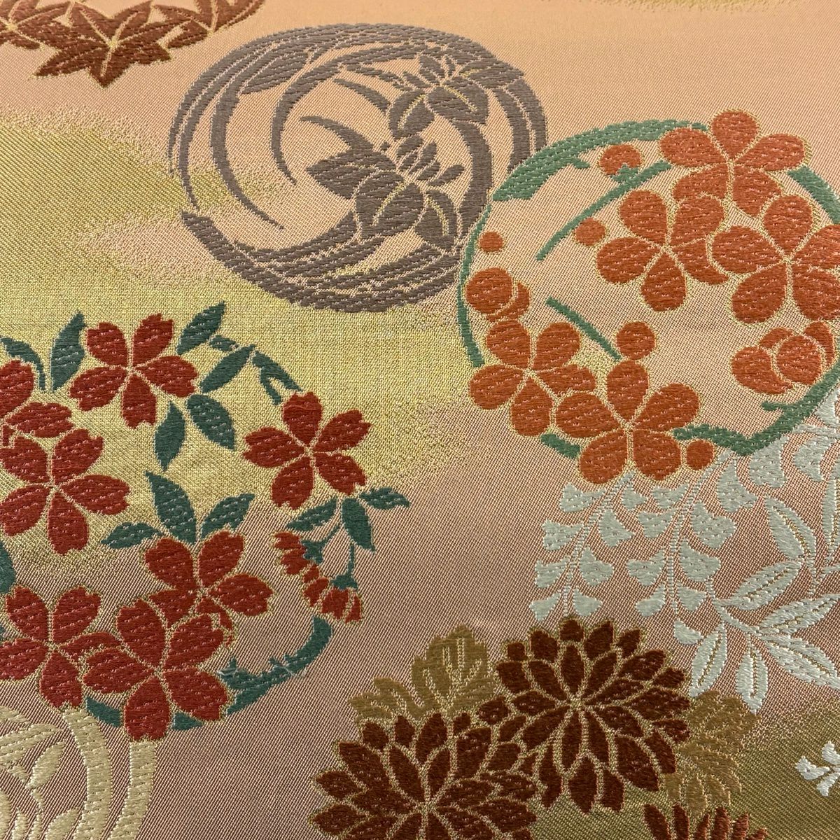 【美品】 袋帶 秀品級 川島織物 落款 花丸紋 金金箔 粉米色 六通 純蠶絲