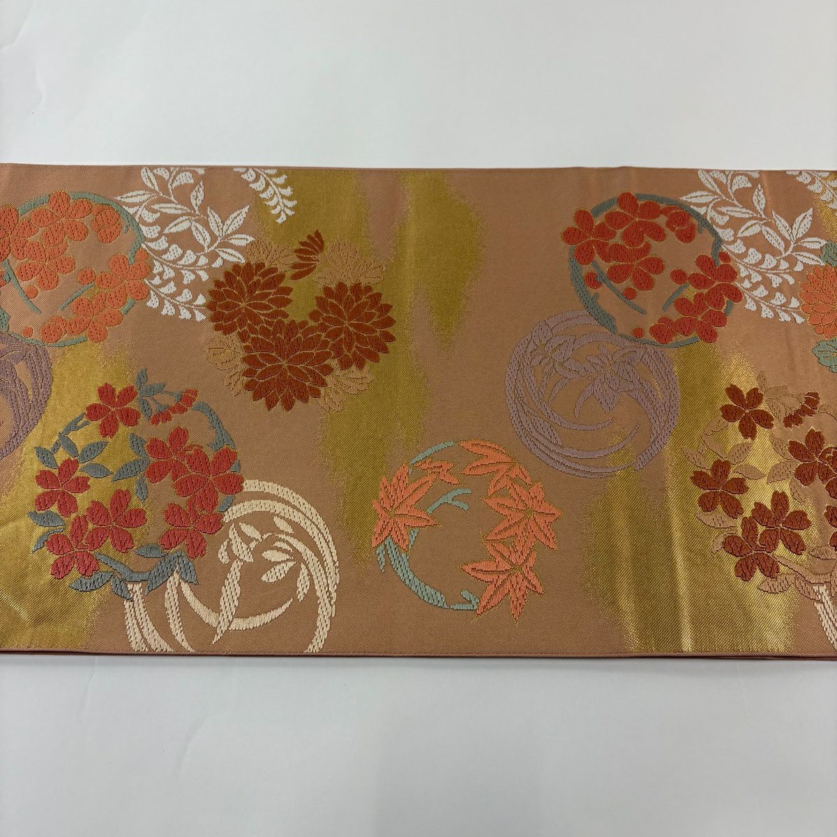 【美品】 袋帶 秀品級 川島織物 落款 花丸紋 金金箔 粉米色 六通 純蠶絲