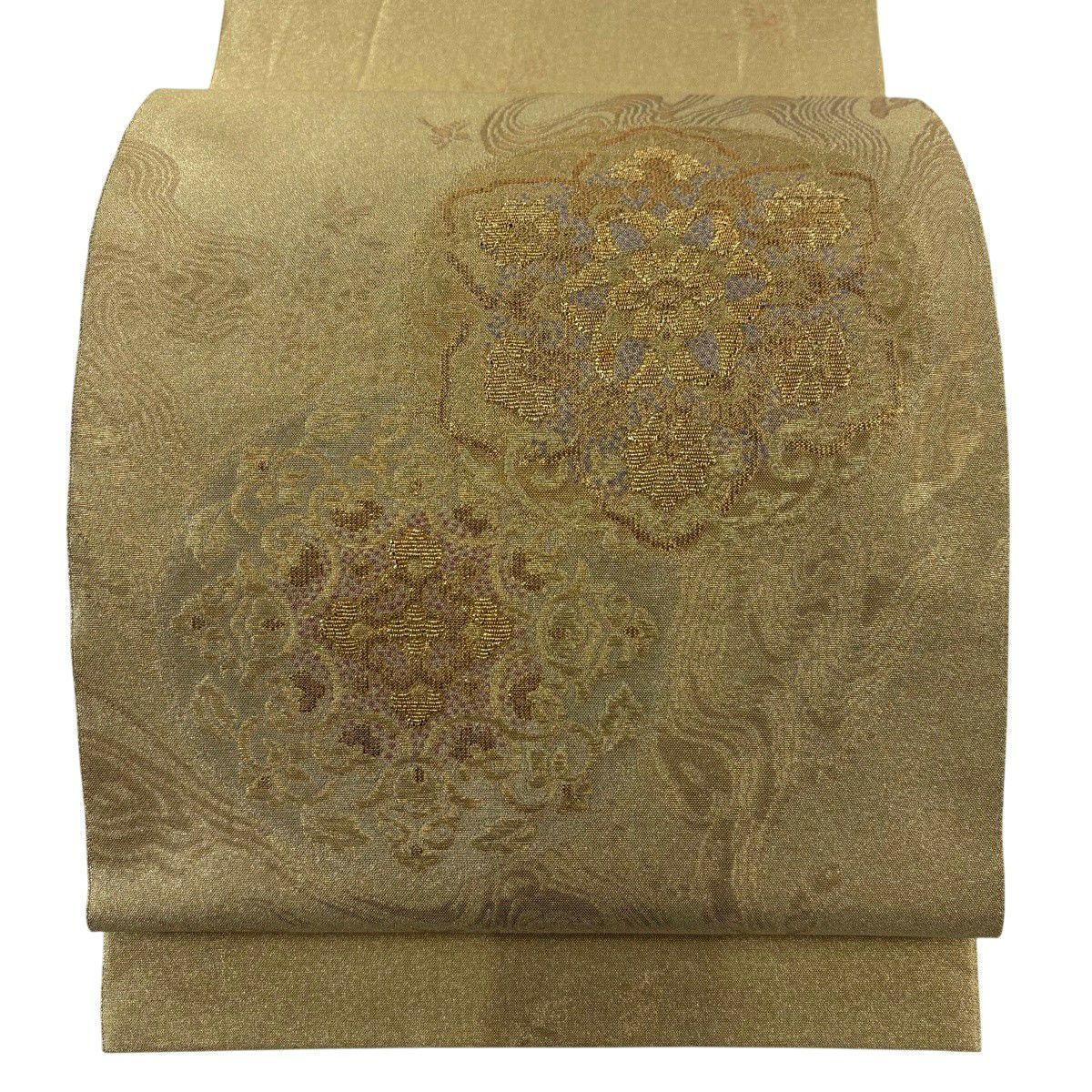 【美品】 袋帶 秀品級 華紋 金絲 金金箔 金色 大鼓圖案 純蠶絲