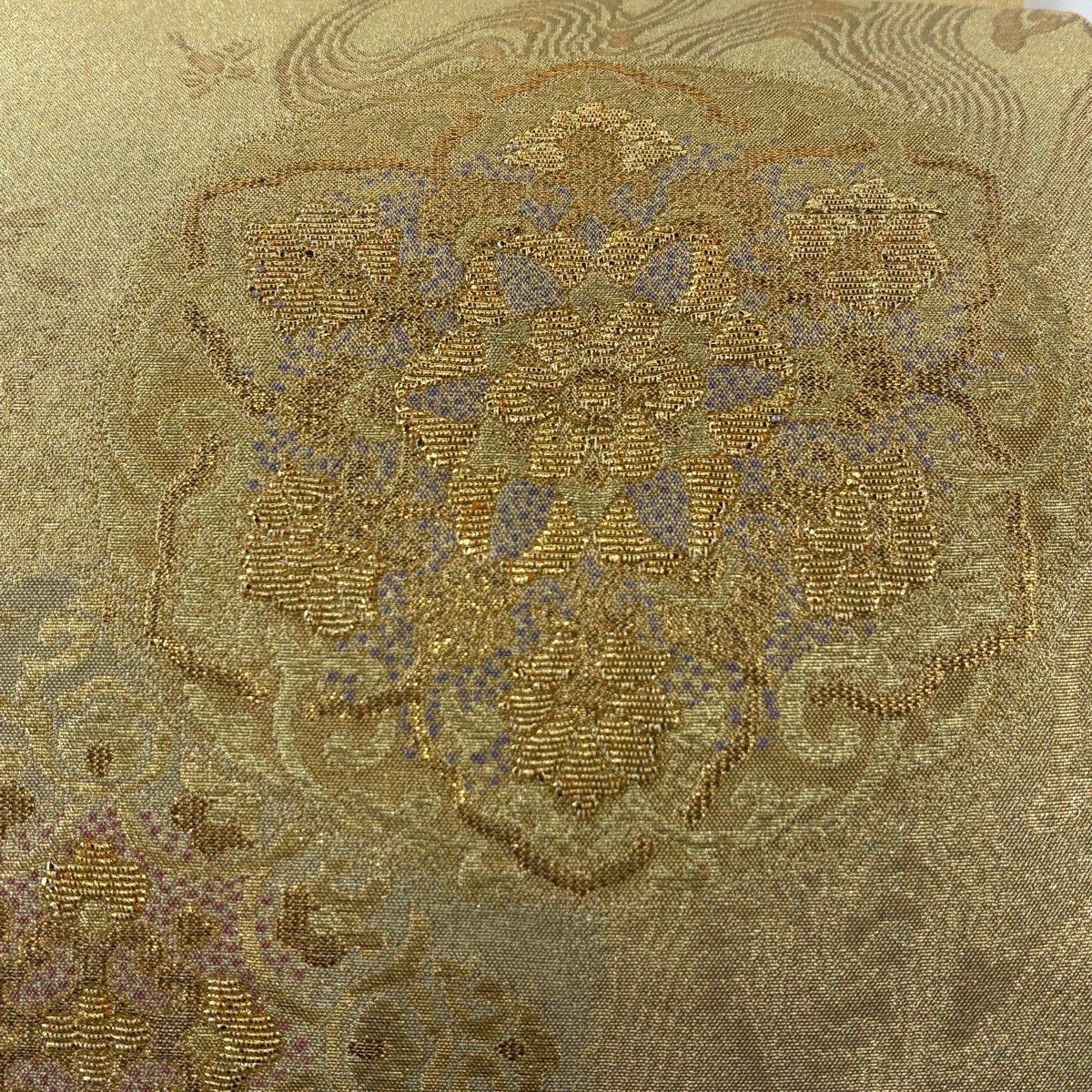 【美品】 袋帶 秀品級 華紋 金絲 金金箔 金色 大鼓圖案 純蠶絲