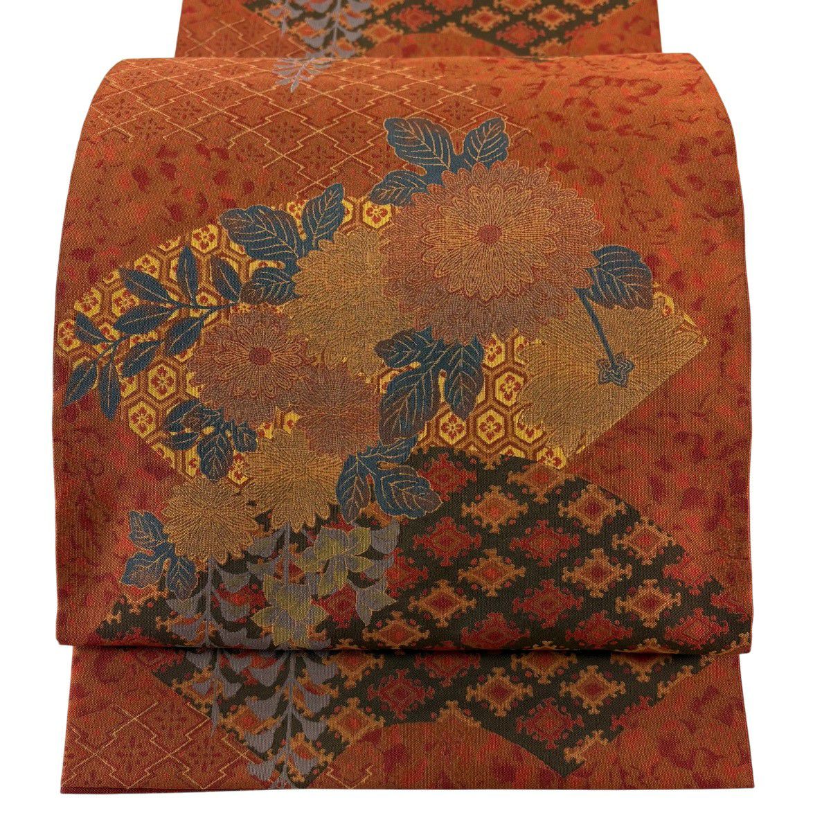 【美品】 袋帶 秀品級 有落款 萬葉 扇子面 草花紋 紅茶 全通 純蠶絲
