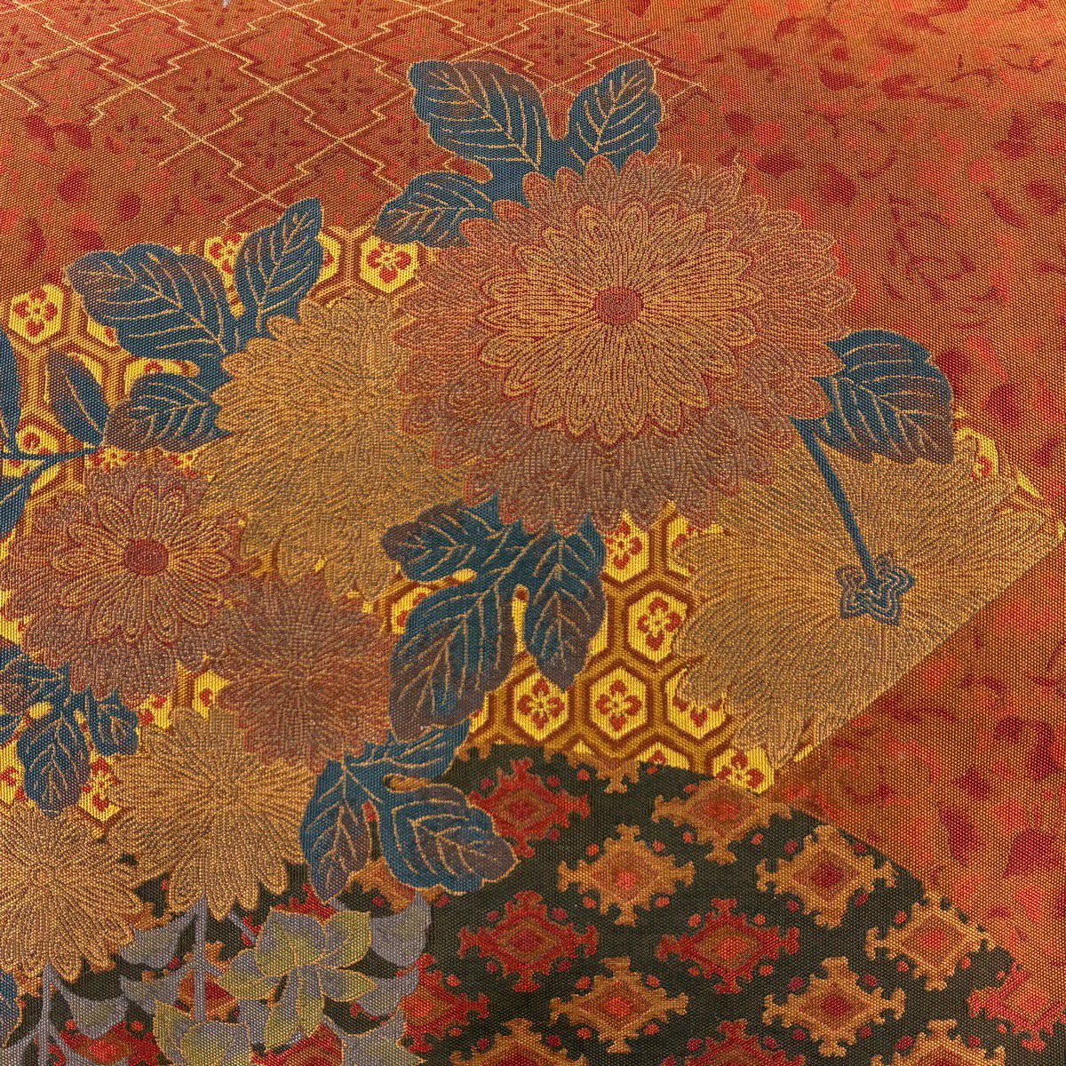 【美品】 袋帶 秀品級 有落款 萬葉 扇子面 草花紋 紅茶 全通 純蠶絲