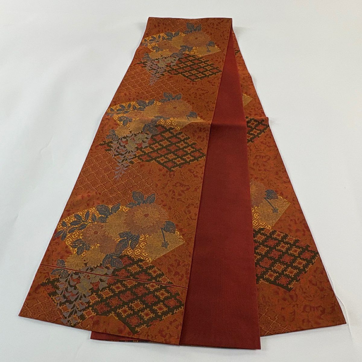 【美品】 袋帶 秀品級 有落款 萬葉 扇子面 草花紋 紅茶 全通 純蠶絲