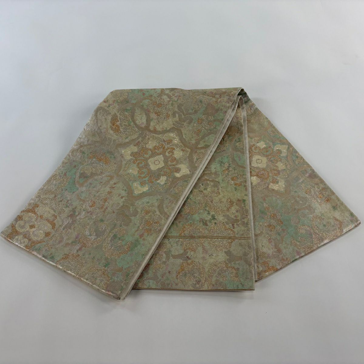 袋帶 秀品級 關西仕立 華紋 金金箔 米色 六通 純蠶絲