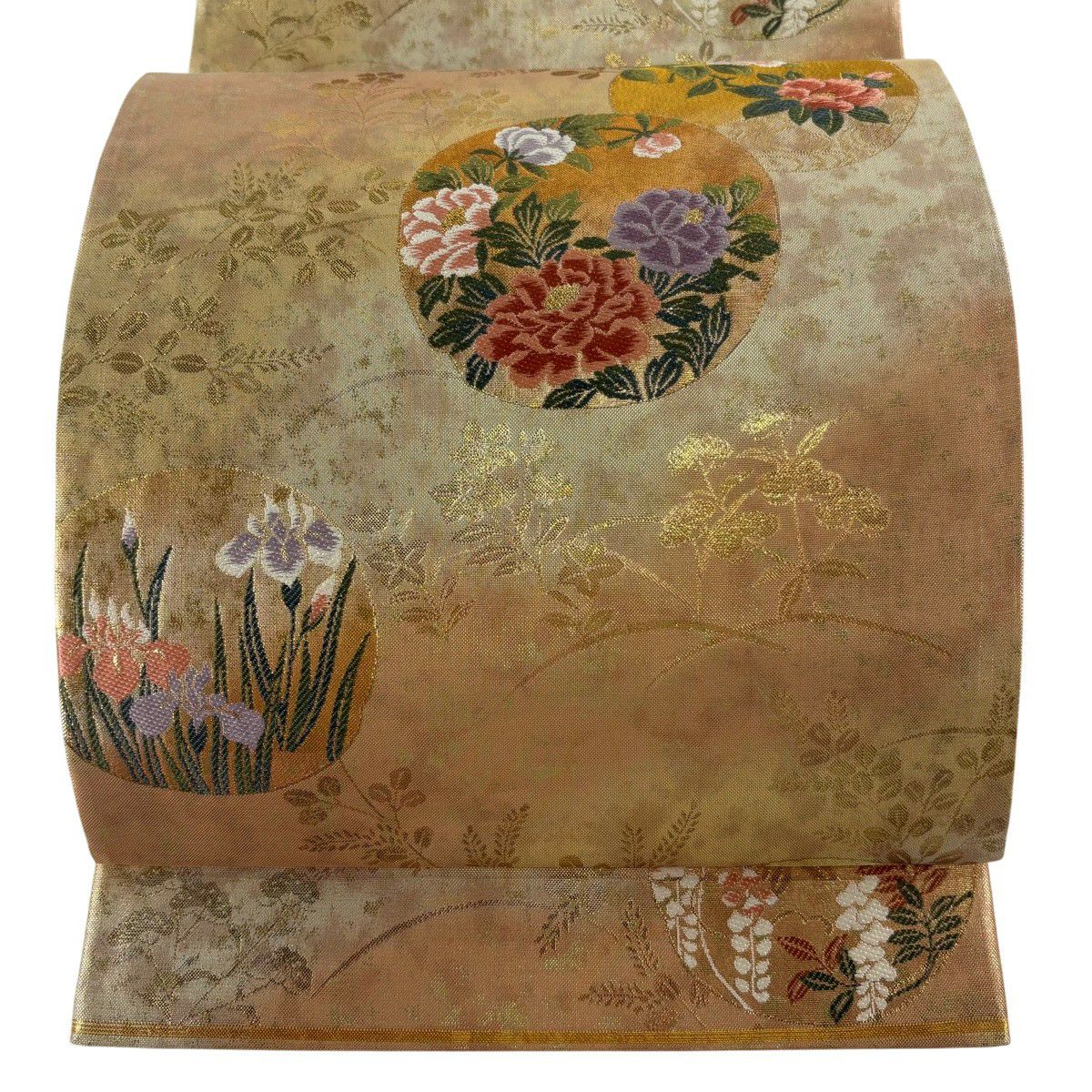 【美品】 袋帶 秀品級 牡丹 椿 金絲 金金箔 金 六通 純蠶絲