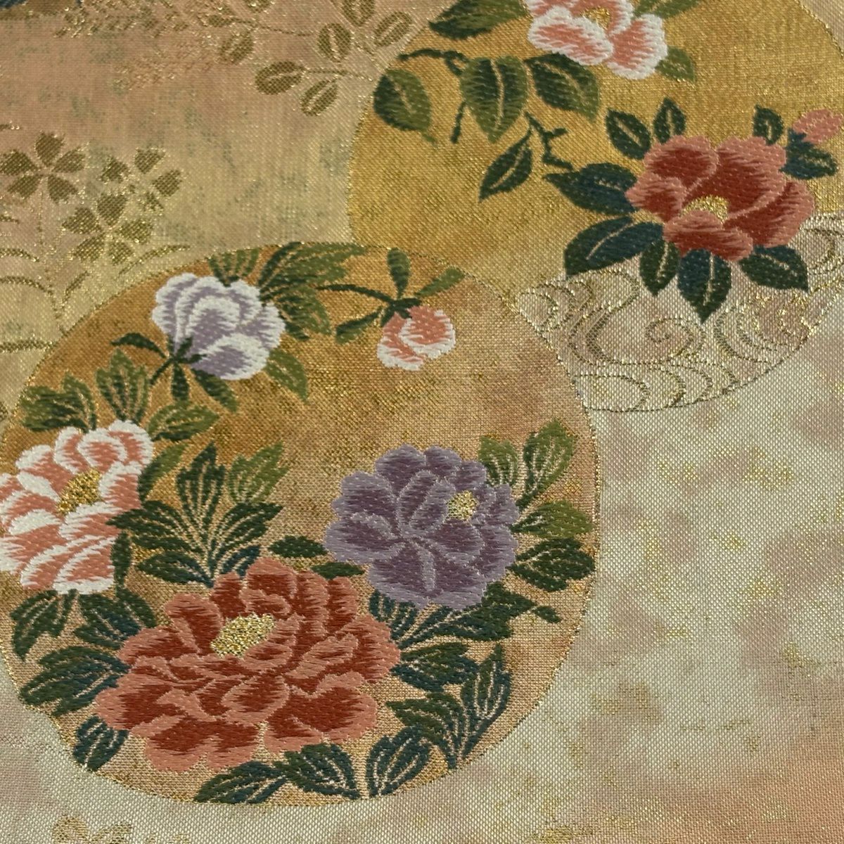 【美品】 袋帶 秀品級 牡丹 椿 金絲 金金箔 金 六通 純蠶絲