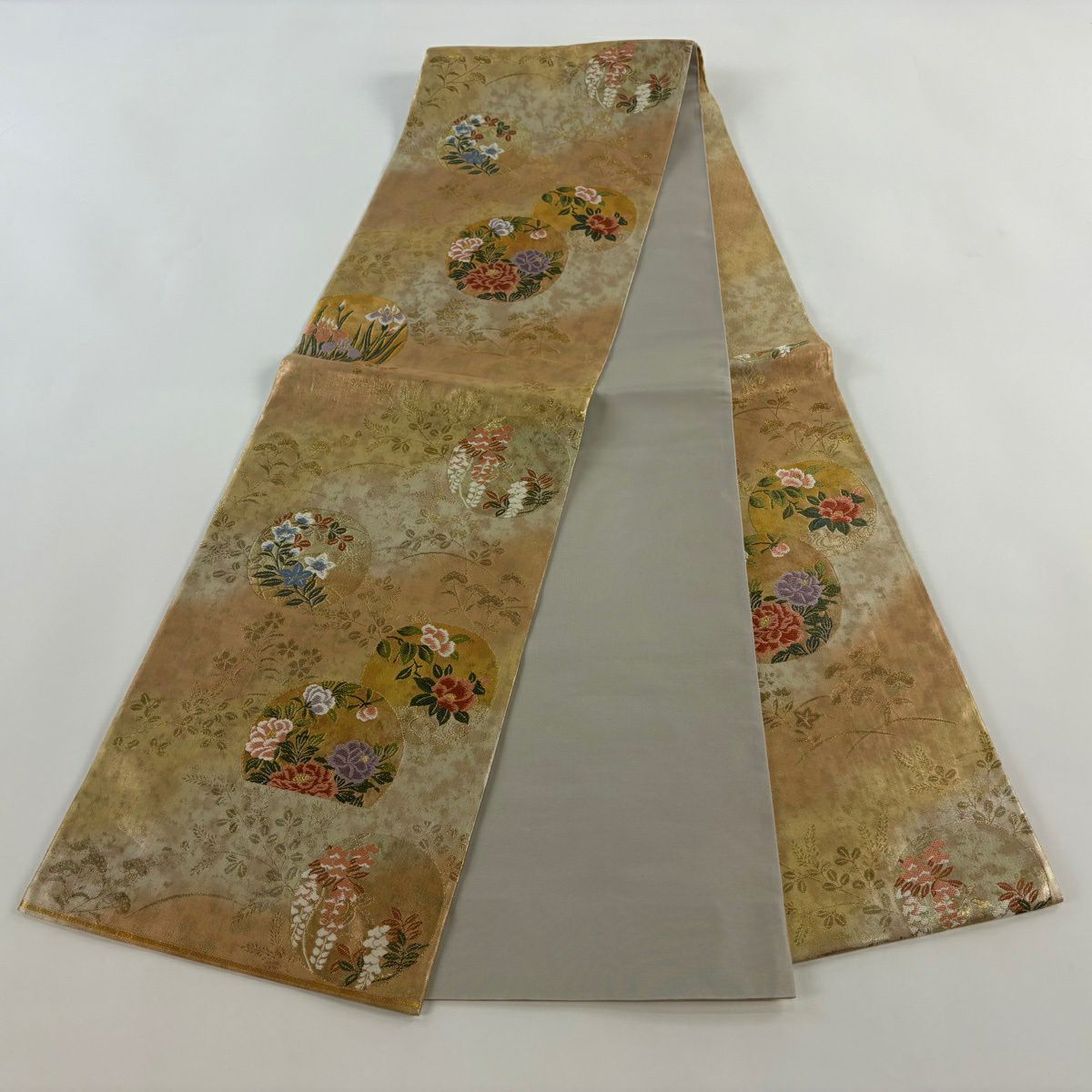 【美品】 袋帶 秀品級 牡丹 椿 金絲 金金箔 金 六通 純蠶絲
