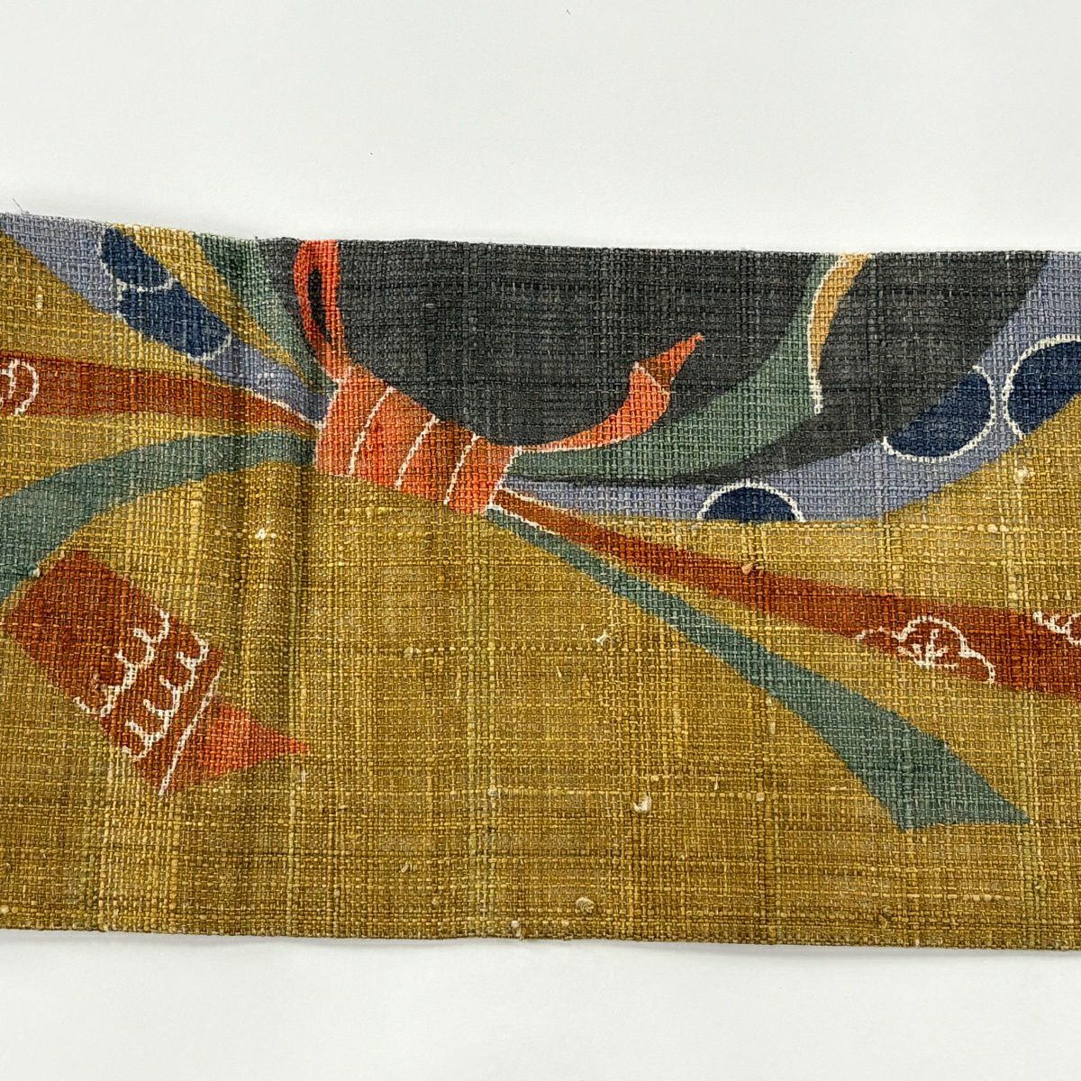 【美品】名古屋帶 秀品級 紬織織 束捲熨斗紋 七寶 黃土 純蠶絲