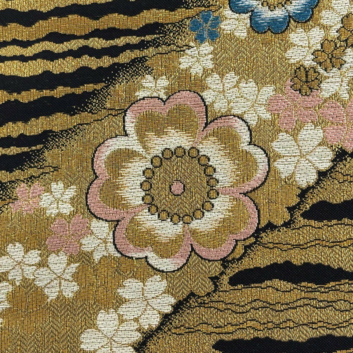 【美品】 袋帶 秀品級櫻花霞金金箔 黑 六通 純蠶絲