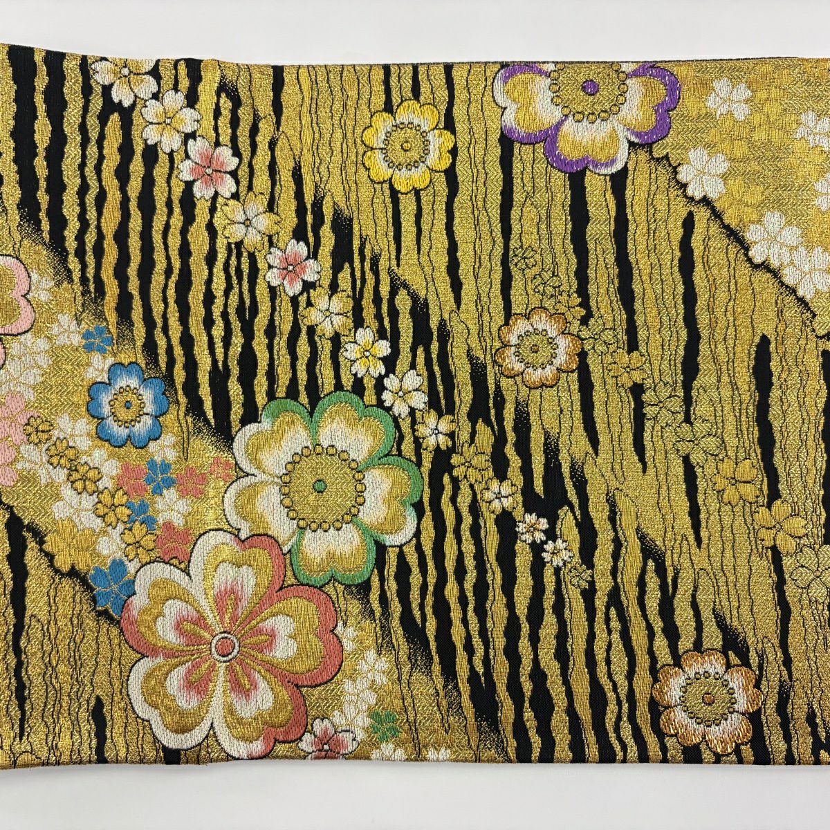 【美品】 袋帶 秀品級櫻花霞金金箔 黑 六通 純蠶絲