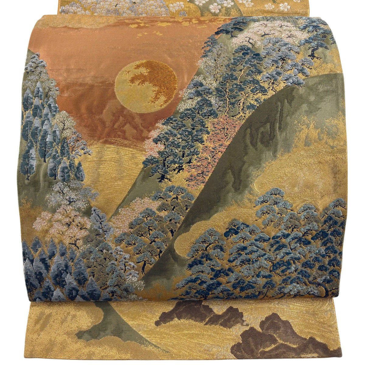 【美品】 袋帶 秀品級 風景 樹木 金金箔 唐織 金色 六通 純蠶絲