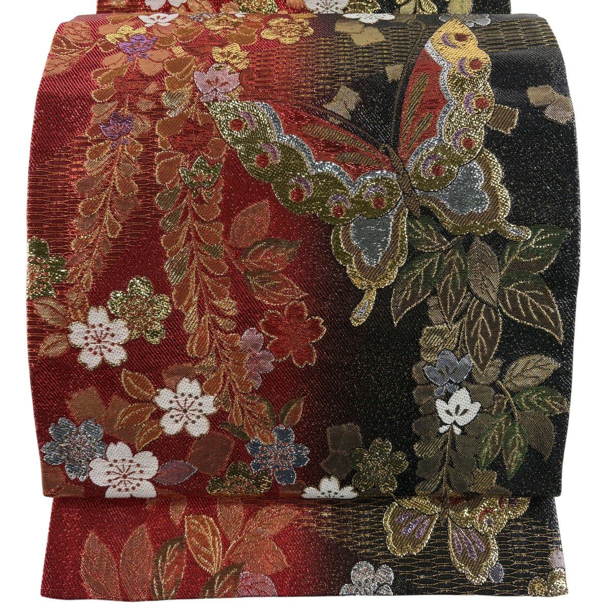 【美品】 袋帶 秀品級 蝶 櫻花 金金箔 漸層 紅 六通 純蠶絲