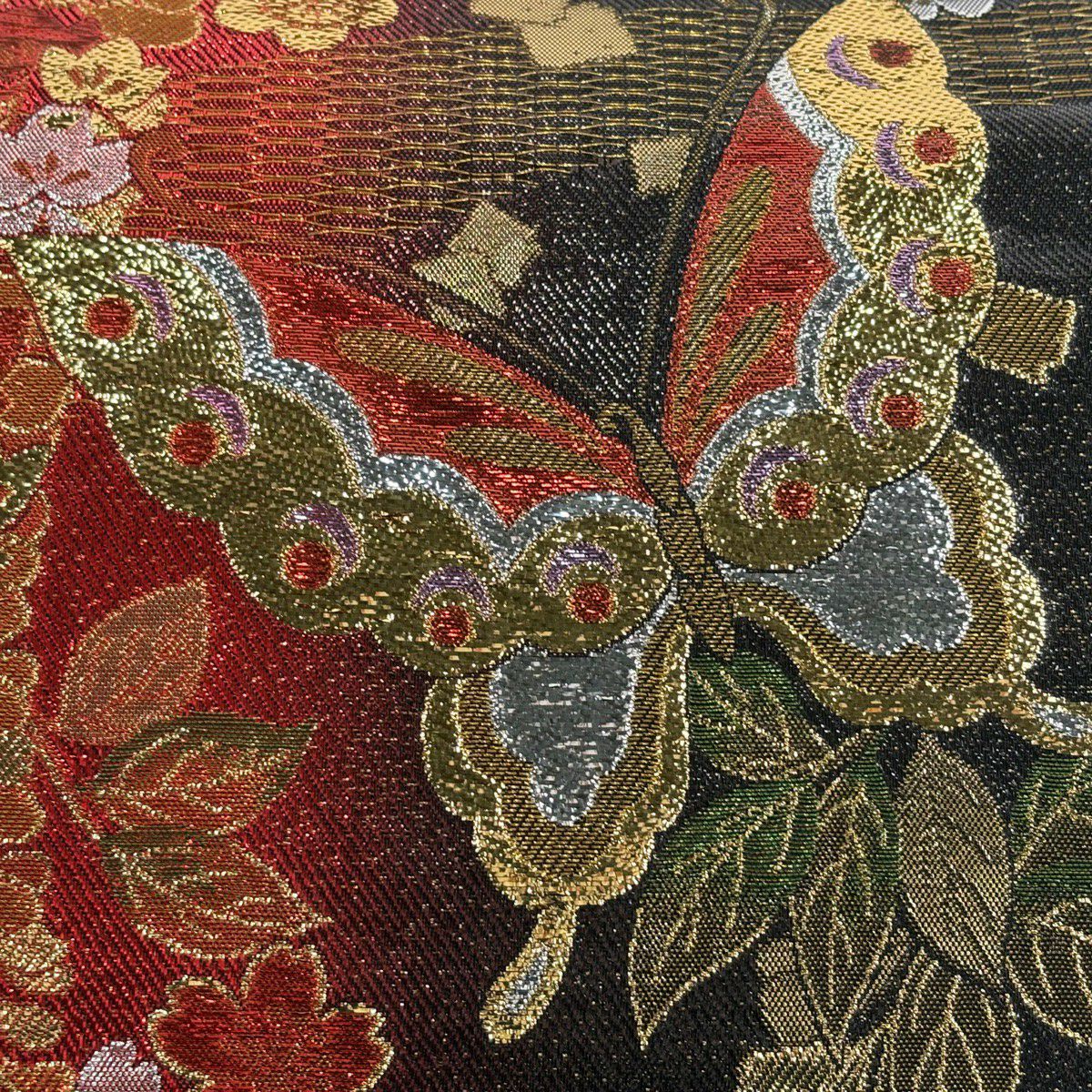 【美品】 袋帶 秀品級 蝶 櫻花 金金箔 漸層 紅 六通 純蠶絲