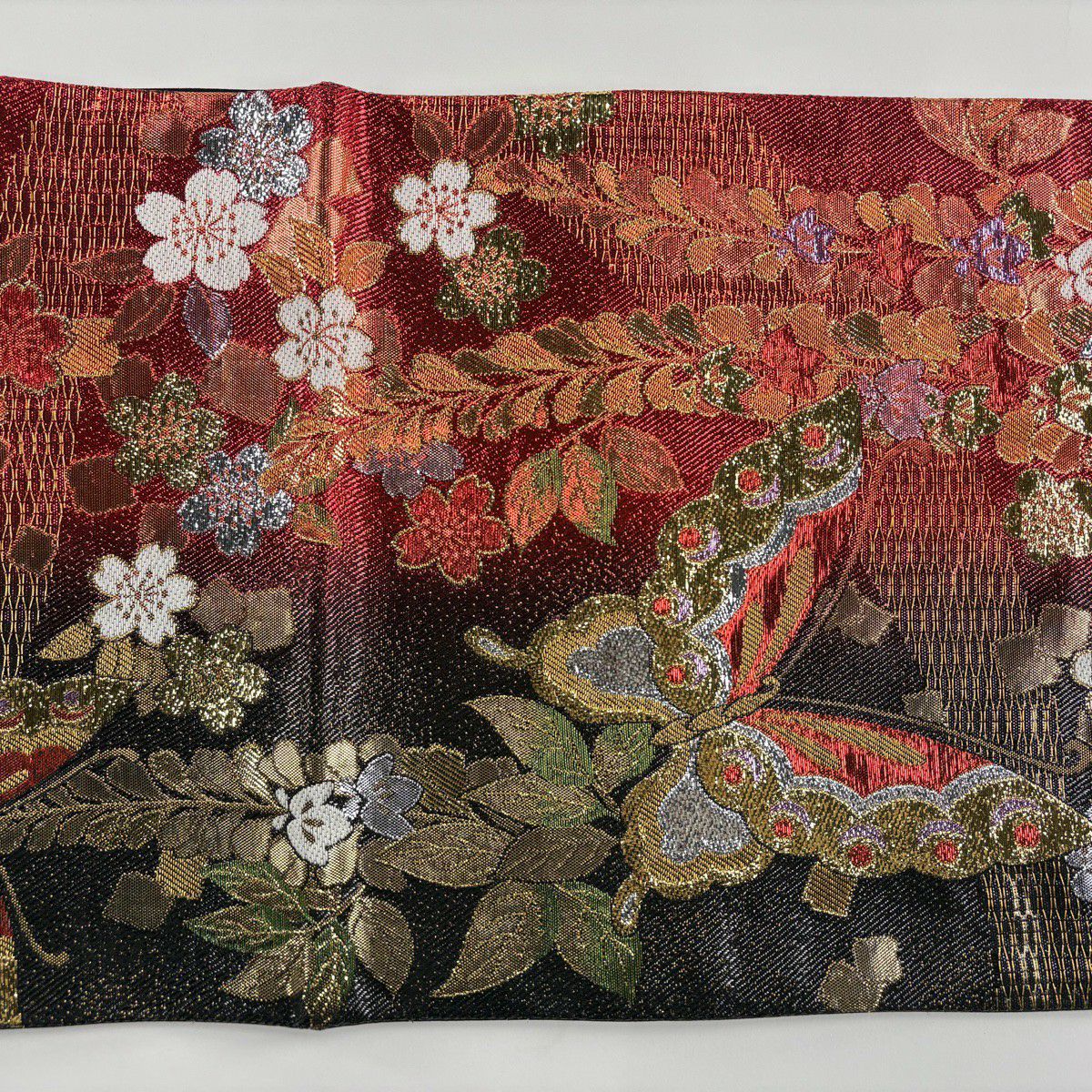 【美品】 袋帶 秀品級 蝶 櫻花 金金箔 漸層 紅 六通 純蠶絲