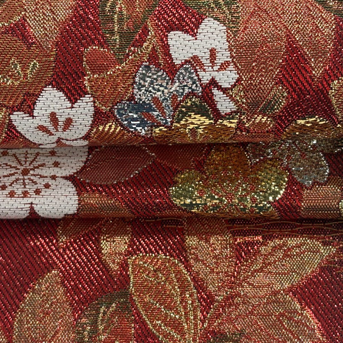 【美品】 袋帶 秀品級 蝶 櫻花 金金箔 漸層 紅 六通 純蠶絲