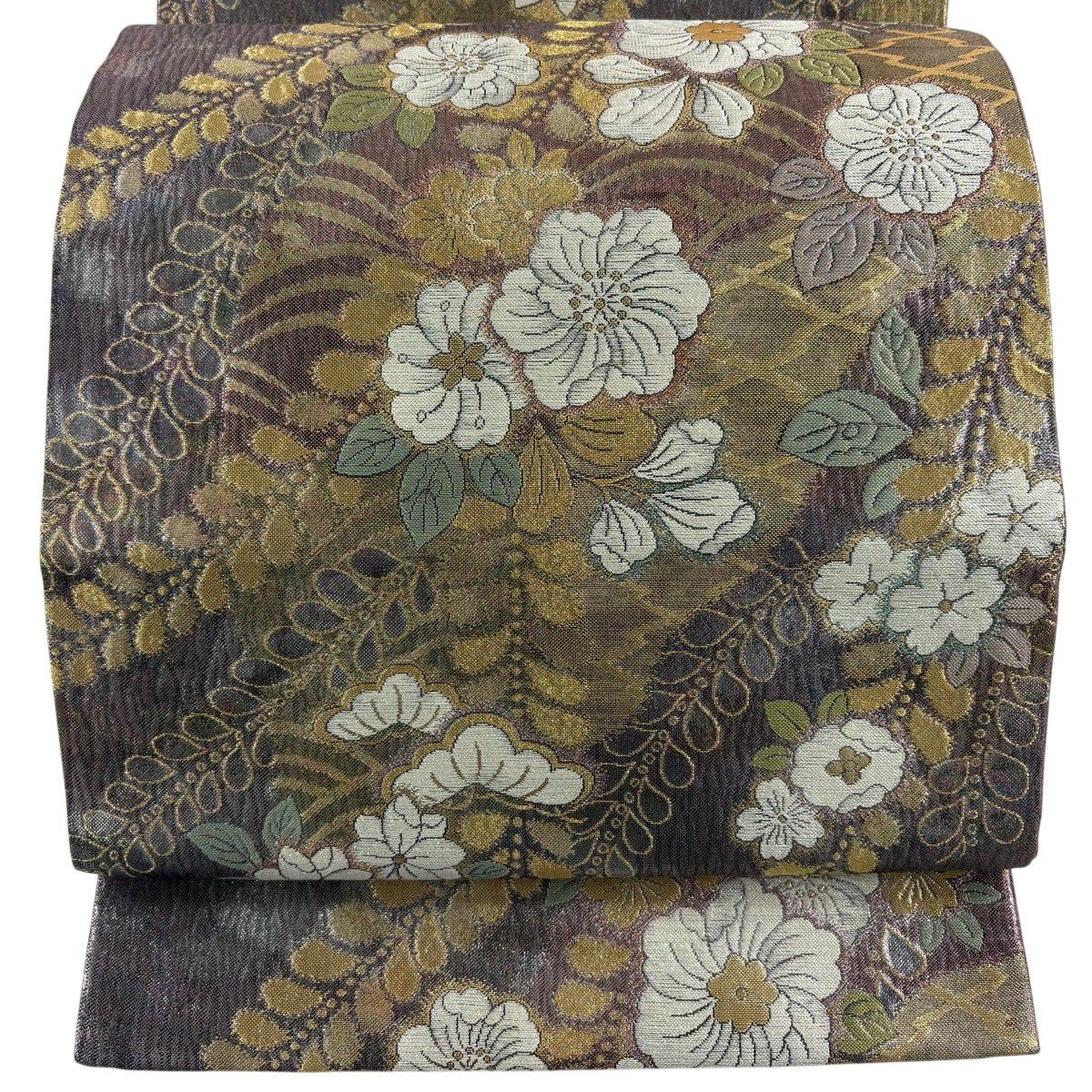 【美品】 袋帶 秀品級 辻花染 松樹皮菱 金金箔 灰紫 六通 純蠶絲