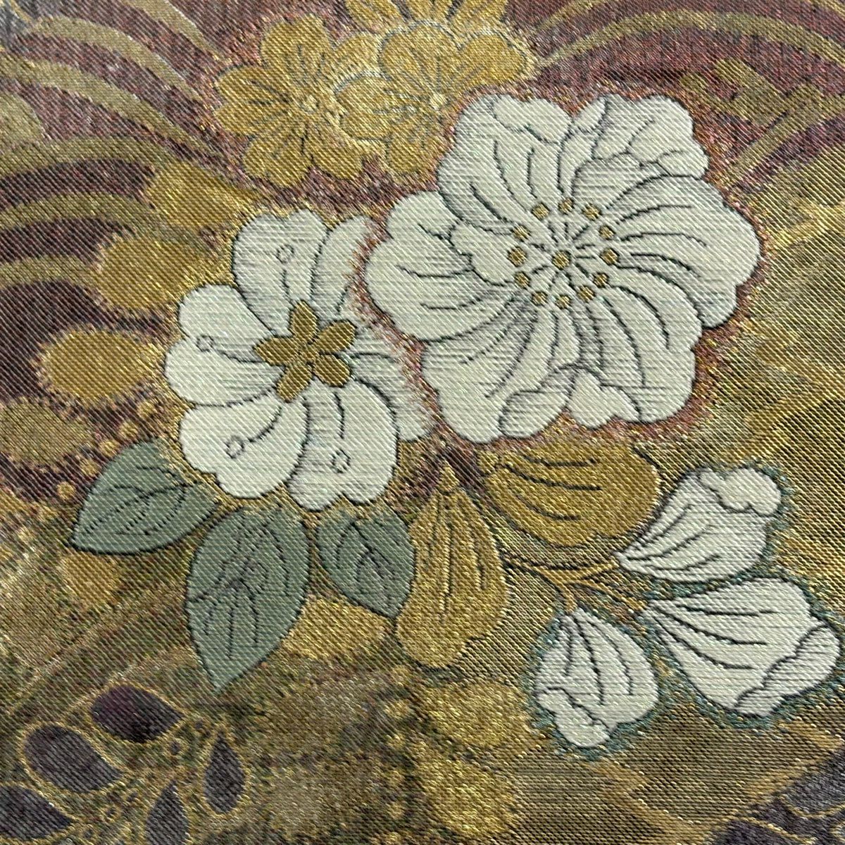 【美品】 袋帶 秀品級 辻花染 松樹皮菱 金金箔 灰紫 六通 純蠶絲