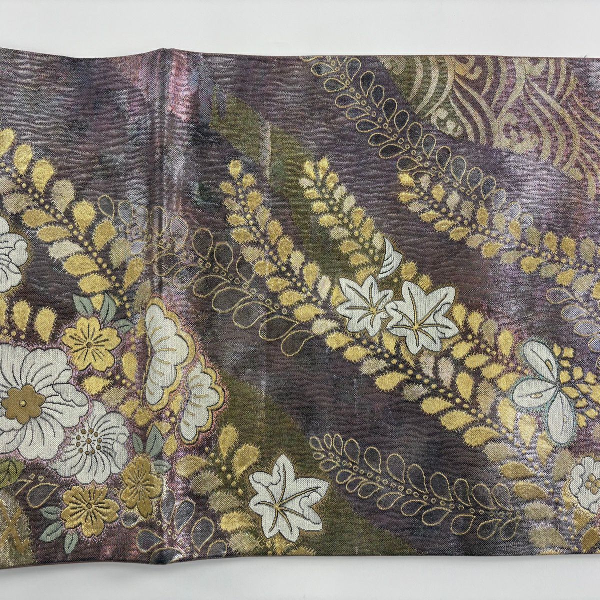 【美品】 袋帶 秀品級 辻花染 松樹皮菱 金金箔 灰紫 六通 純蠶絲