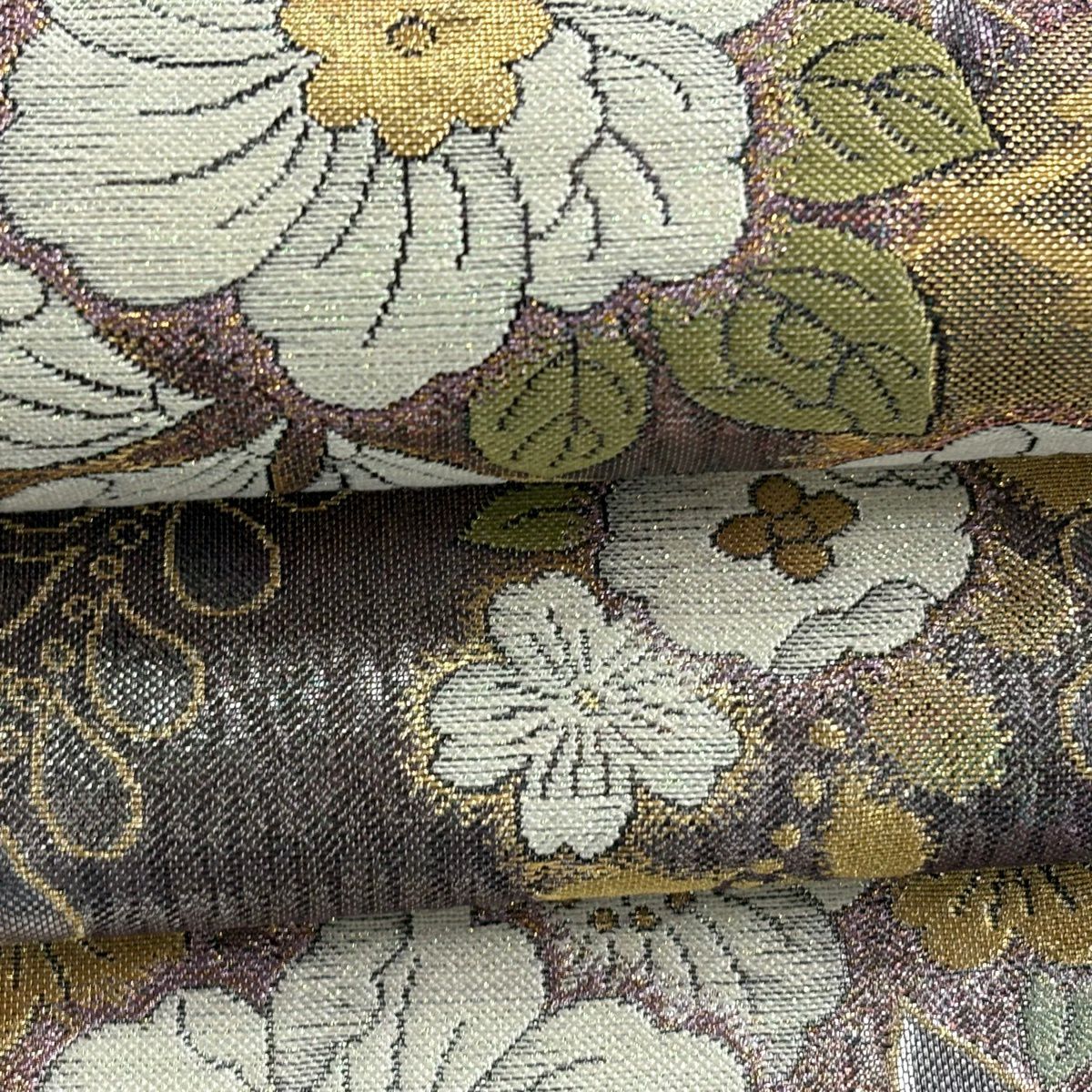 【美品】 袋帶 秀品級 辻花染 松樹皮菱 金金箔 灰紫 六通 純蠶絲