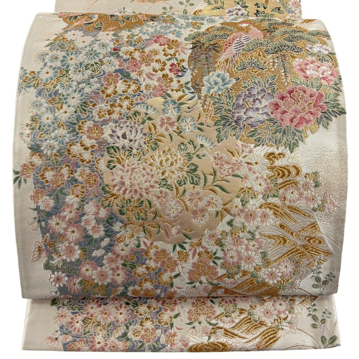 【美品】 袋帶 秀品級 大和 吉祥優美紋樣 花鳥 金金箔 唐織 奶油 六通 純蠶絲