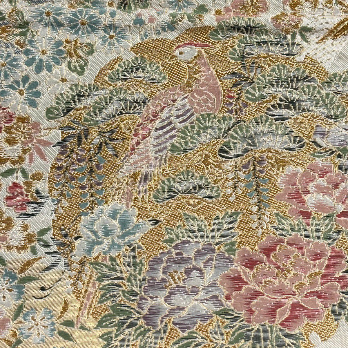 【美品】 袋帶 秀品級 大和 吉祥優美紋樣 花鳥 金金箔 唐織 奶油 六通 純蠶絲