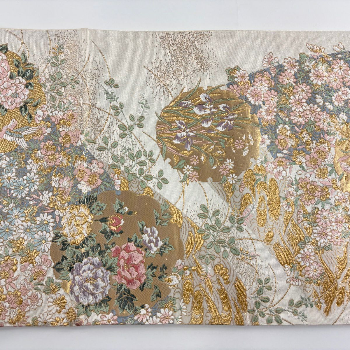 【美品】 袋帶 秀品級 大和 吉祥優美紋樣 花鳥 金金箔 唐織 奶油 六通 純蠶絲