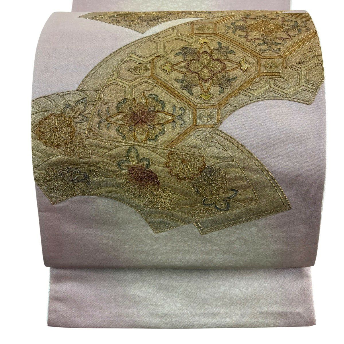 【美品】 袋帶 秀品級 扇子面 蜀江文 刺繡 金線 粉米色 お太鼓柄 純蠶絲