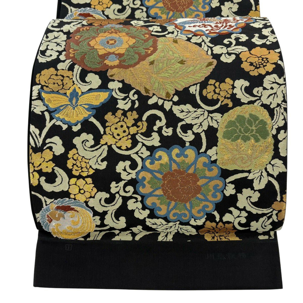 【美品】 袋帶 逸品級 川島織物 落款あり 証紙あり 華紋 花鳥 金金箔 刺繡 黑 六通 純蠶絲