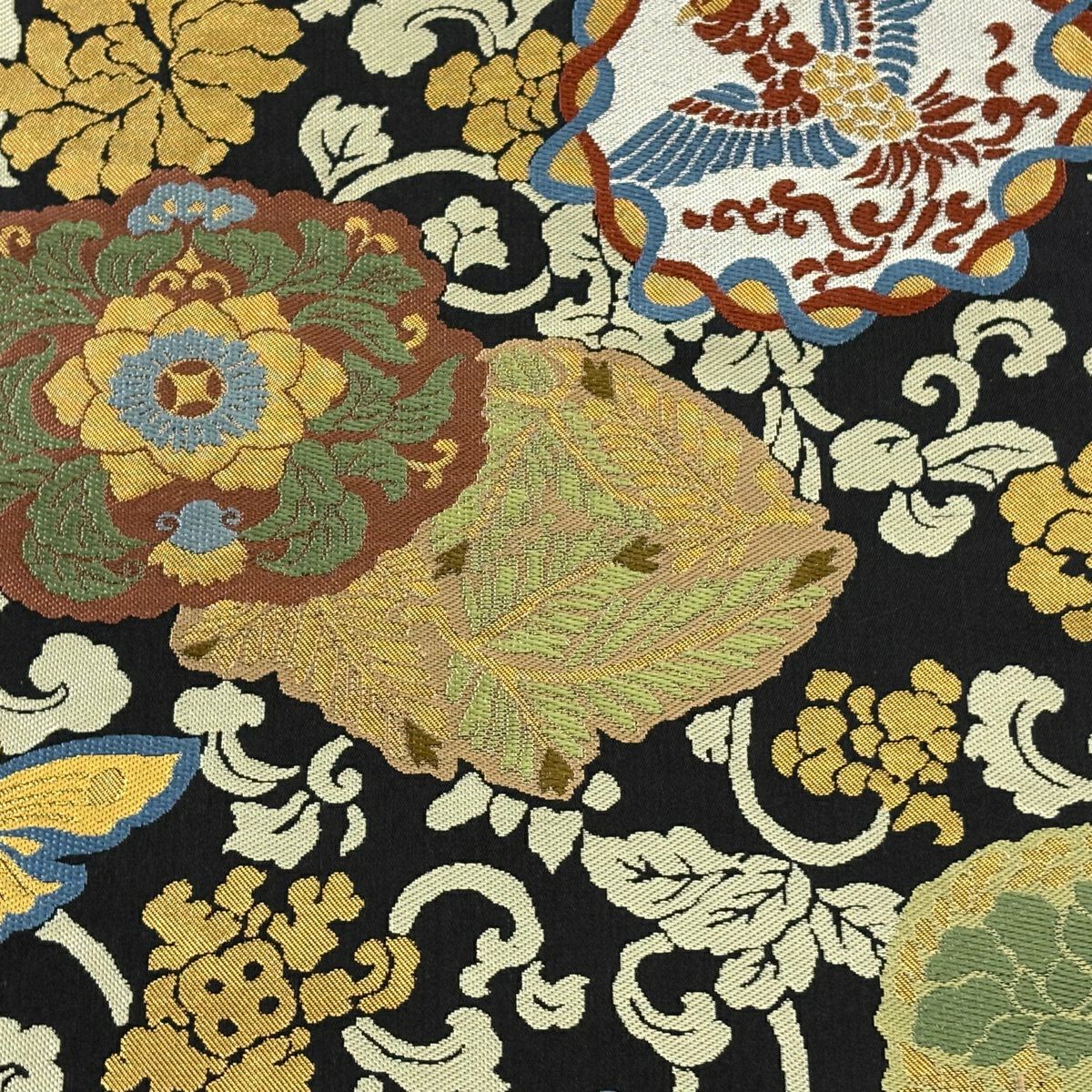 【美品】 袋帶 逸品級 川島織物 落款あり 証紙あり 華紋 花鳥 金金箔 刺繡 黑 六通 純蠶絲